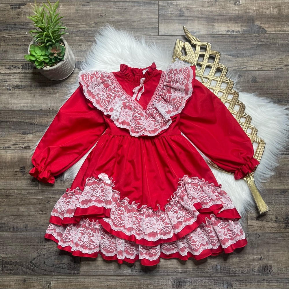 Vintage Sunday Best Lace Party Red Dress